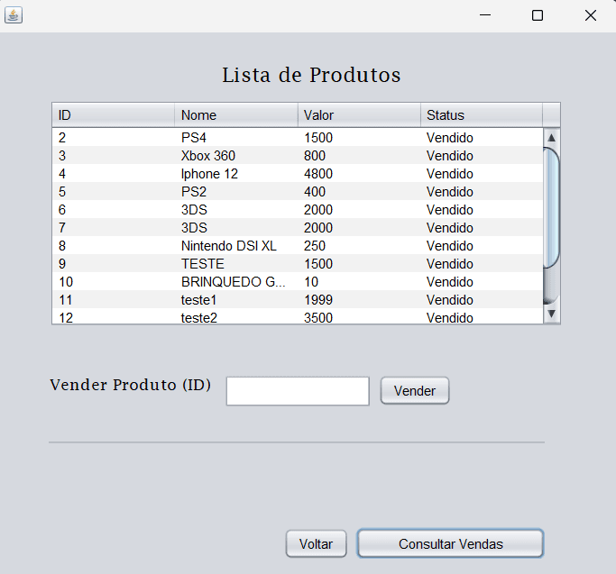 Uma foto de um dos projetos de isabela, é um programa de leilões fictícios onde o usuário pode adicionar e marcar um leilão como vendido.